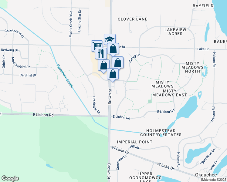 map of restaurants, bars, coffee shops, grocery stores, and more near 5744 Brown Street in Oconomowoc