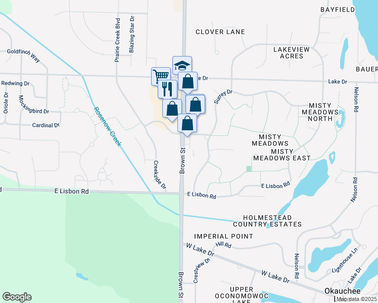map of restaurants, bars, coffee shops, grocery stores, and more near 5744 Brown Street in Oconomowoc