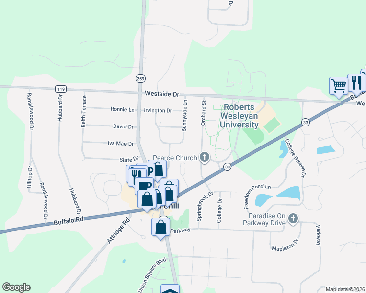 map of restaurants, bars, coffee shops, grocery stores, and more near 37 Sunnyside Ln in North Chili