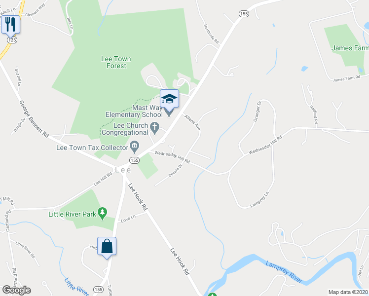 map of restaurants, bars, coffee shops, grocery stores, and more near 20 Allens Avenue in Lee