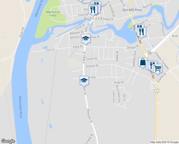 map of restaurants, bars, coffee shops, grocery stores, and more near 3 Court Street in Allenstown