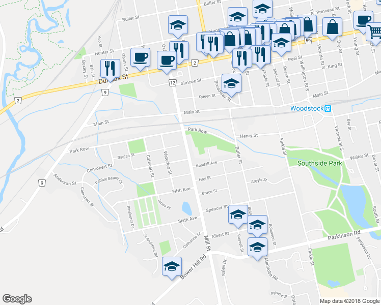 map of restaurants, bars, coffee shops, grocery stores, and more near 125 Mill Street in Woodstock