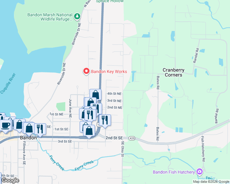 map of restaurants, bars, coffee shops, grocery stores, and more near 1153 4th Street Northeast in Bandon
