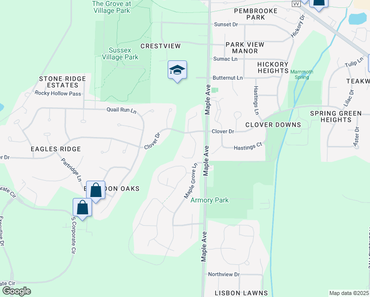 map of restaurants, bars, coffee shops, grocery stores, and more near N58 W24091 Clover Drive in Sussex