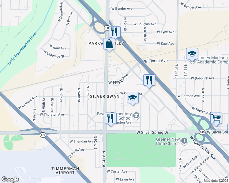 map of restaurants, bars, coffee shops, grocery stores, and more near 8940 West Carmen Avenue in Milwaukee