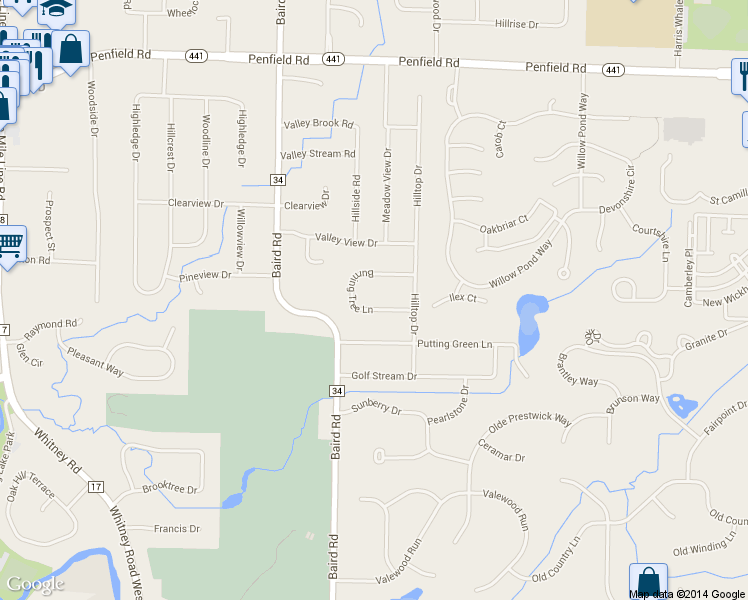 map of restaurants, bars, coffee shops, grocery stores, and more near 62 Burning Tree Lane in Penfield