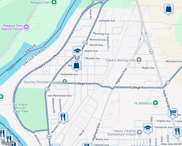 map of restaurants, bars, coffee shops, grocery stores, and more near 1214 Vanderbilt Avenue in Niagara Falls