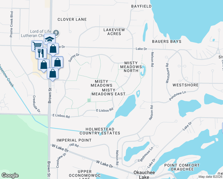 map of restaurants, bars, coffee shops, grocery stores, and more near W355N5745 East Lisbon Road in Oconomowoc