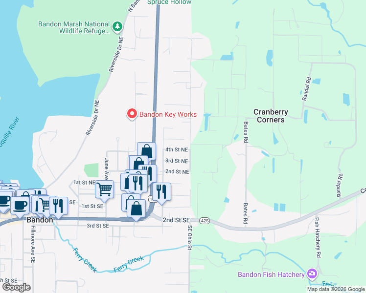 map of restaurants, bars, coffee shops, grocery stores, and more near 1153 4th Street Northeast in Bandon