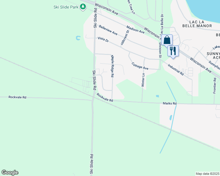 map of restaurants, bars, coffee shops, grocery stores, and more near N7735 Maple Ridge Road in Oconomowoc
