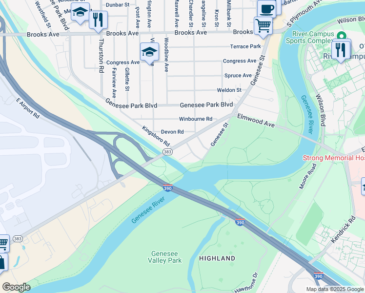 map of restaurants, bars, coffee shops, grocery stores, and more near 185 Scottsville Road in Rochester