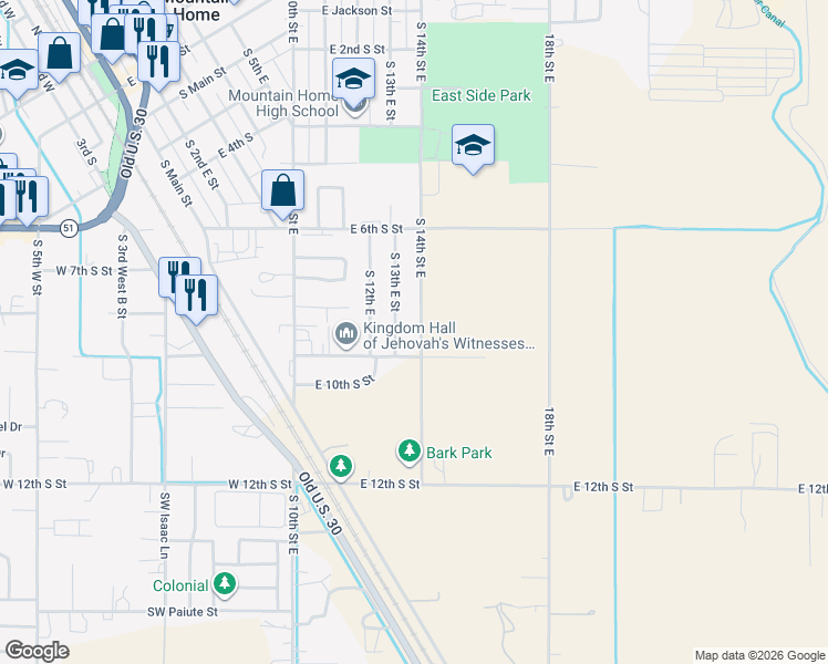 map of restaurants, bars, coffee shops, grocery stores, and more near 860 South 14th East Street in Mountain Home
