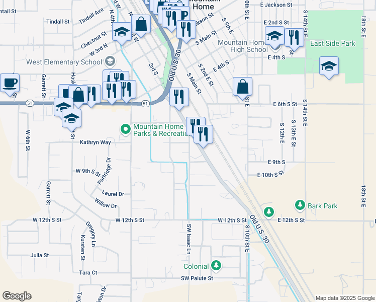 map of restaurants, bars, coffee shops, grocery stores, and more near 865 South 3rd West in Mountain Home