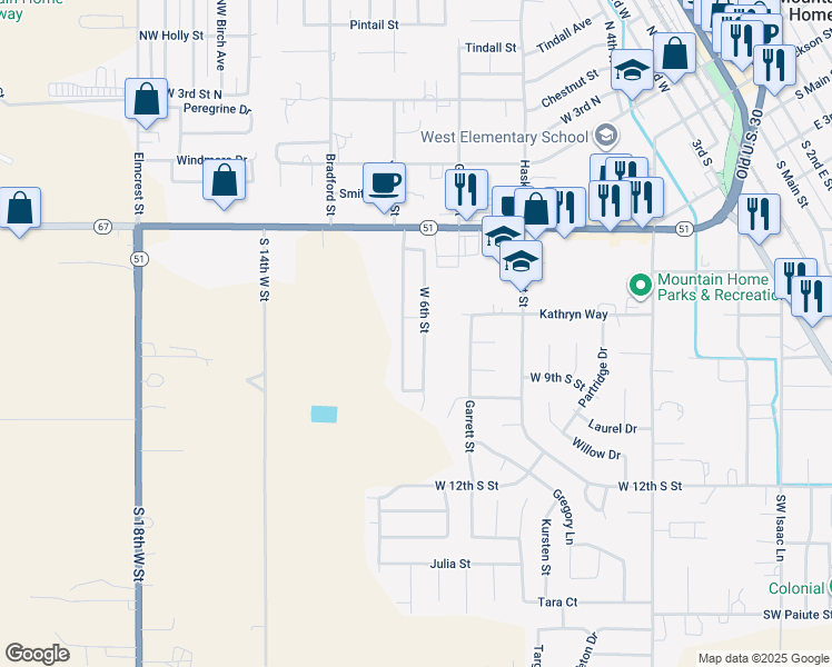 map of restaurants, bars, coffee shops, grocery stores, and more near 1115 West 6th South in Mountain Home