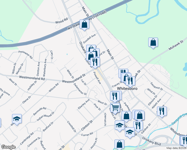 map of restaurants, bars, coffee shops, grocery stores, and more near 14 Powell Avenue in Whitesboro