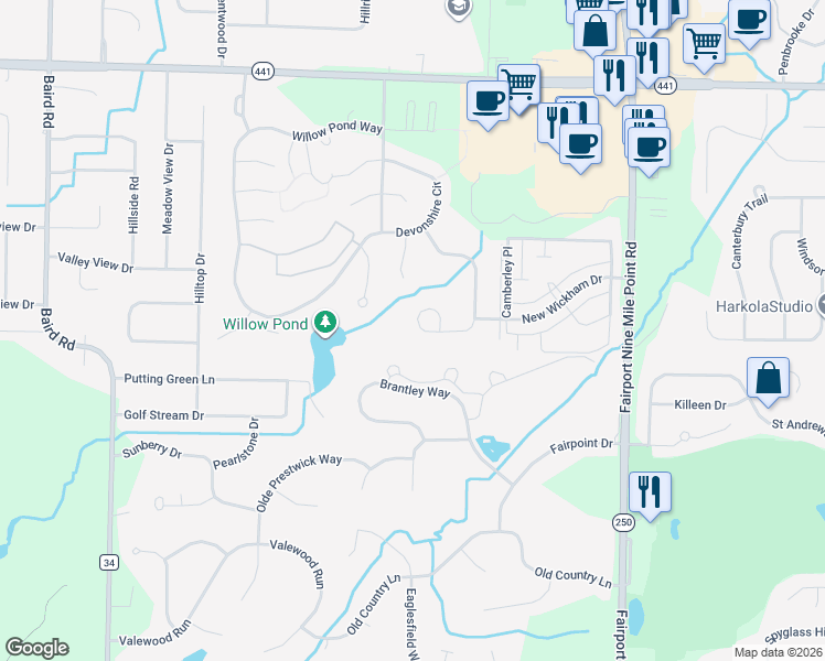 map of restaurants, bars, coffee shops, grocery stores, and more near 168 Courtshire Lane in Penfield