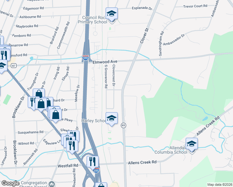 map of restaurants, bars, coffee shops, grocery stores, and more near 1777 Clover Street in Rochester