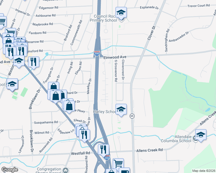 map of restaurants, bars, coffee shops, grocery stores, and more near 252 Valley Road in Rochester