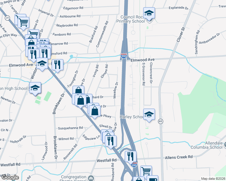 map of restaurants, bars, coffee shops, grocery stores, and more near 168 Meadow Drive in Rochester