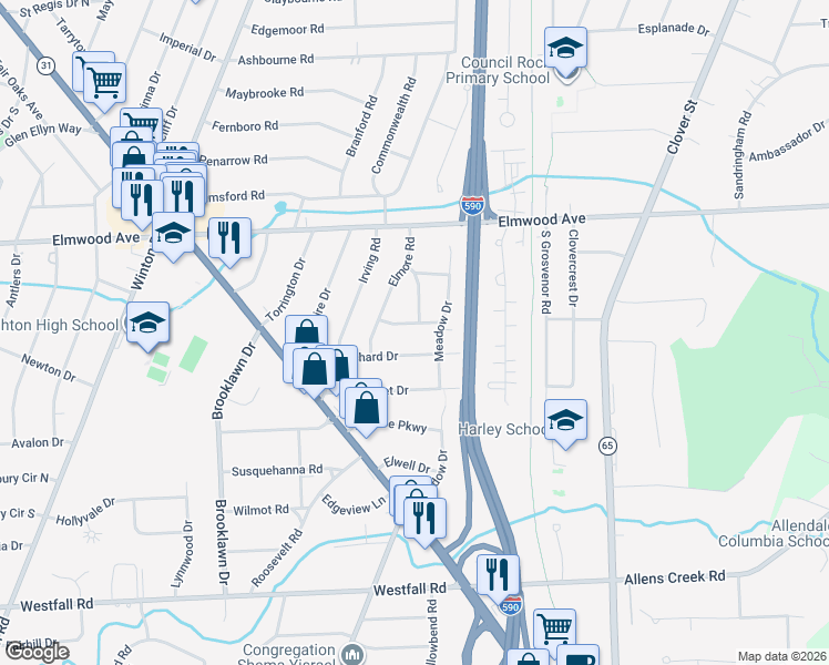 map of restaurants, bars, coffee shops, grocery stores, and more near 42 Willowdale Drive in Rochester