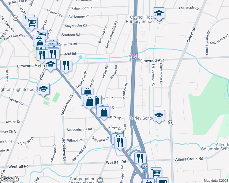 map of restaurants, bars, coffee shops, grocery stores, and more near 42 Willowdale Drive in Rochester