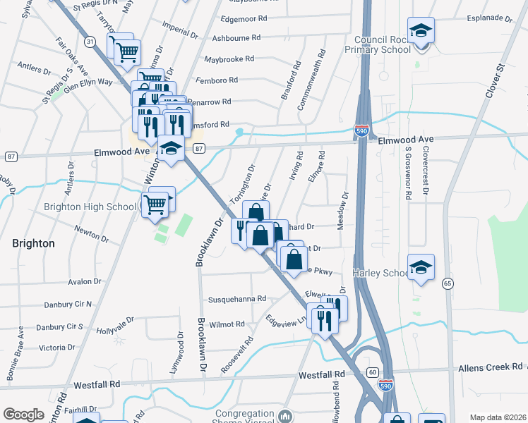 map of restaurants, bars, coffee shops, grocery stores, and more near 159 Irving Road in Rochester