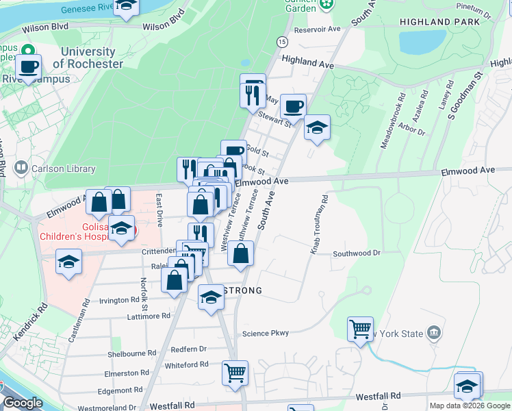 map of restaurants, bars, coffee shops, grocery stores, and more near 67 Southview Terrace in Rochester