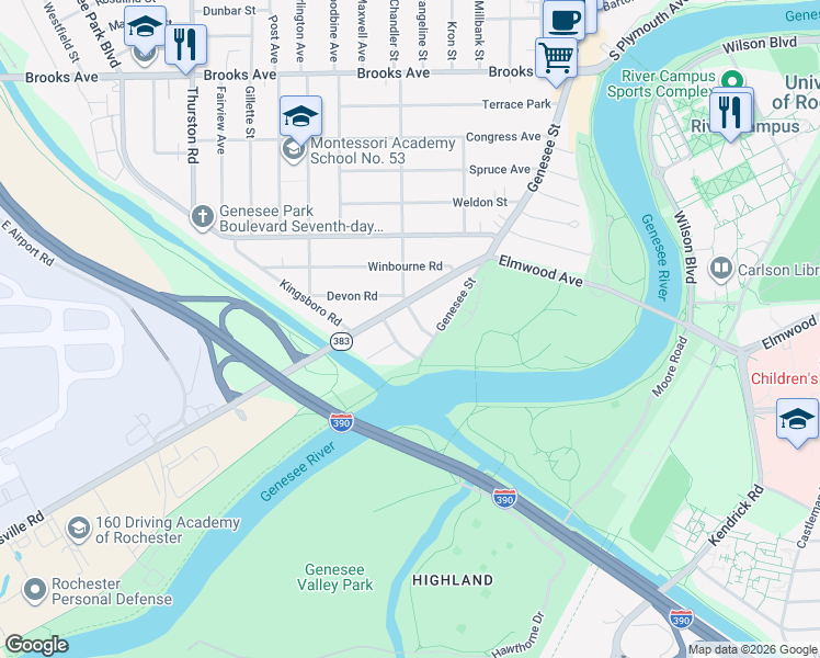 map of restaurants, bars, coffee shops, grocery stores, and more near 46 Vixette Street in Rochester