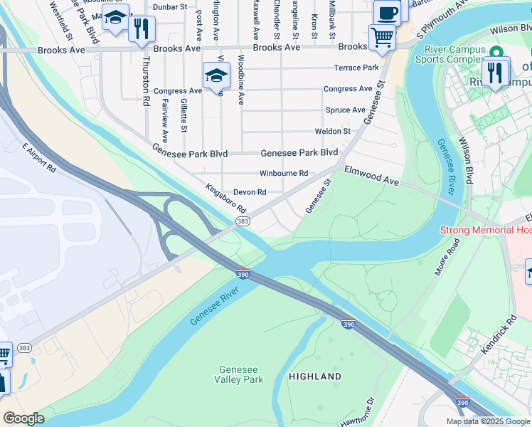 map of restaurants, bars, coffee shops, grocery stores, and more near 46 Vixette Street in Rochester