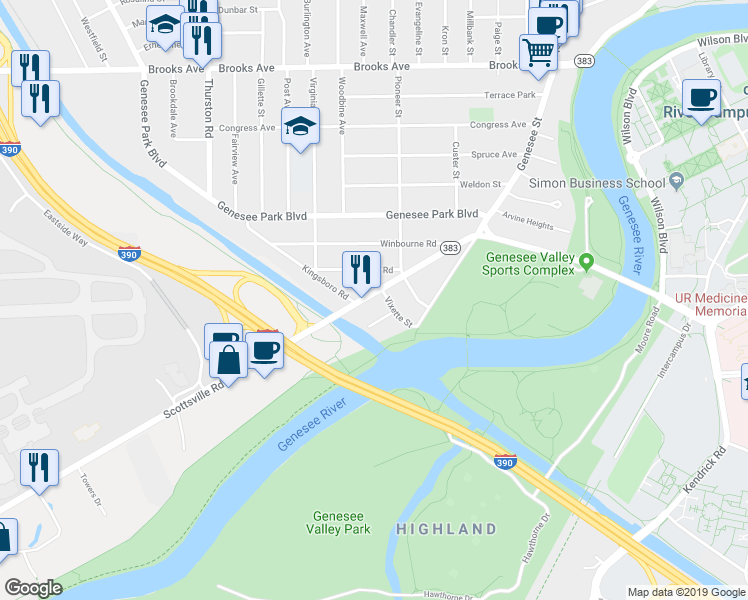 map of restaurants, bars, coffee shops, grocery stores, and more near 205 Scottsville Road in Rochester