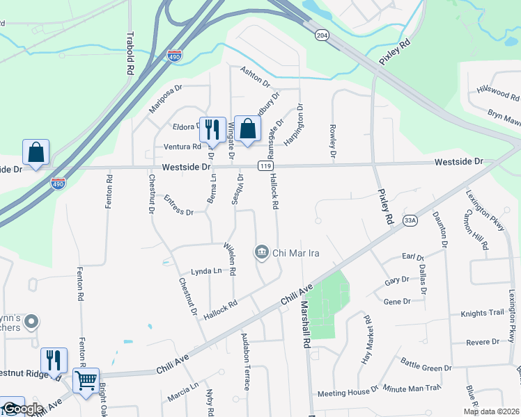 map of restaurants, bars, coffee shops, grocery stores, and more near 12 Chi Mar Drive in Rochester