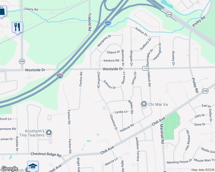 map of restaurants, bars, coffee shops, grocery stores, and more near 15 Entress Drive in Rochester