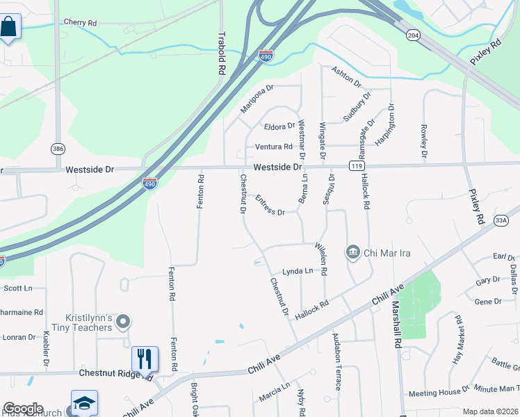 map of restaurants, bars, coffee shops, grocery stores, and more near 102 Chestnut Drive in Rochester