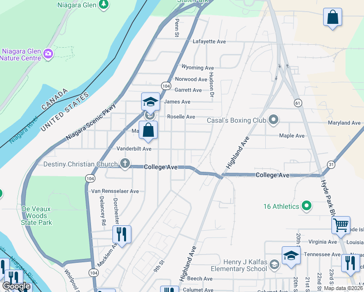 map of restaurants, bars, coffee shops, grocery stores, and more near 1214 Vanderbilt Avenue in Niagara Falls