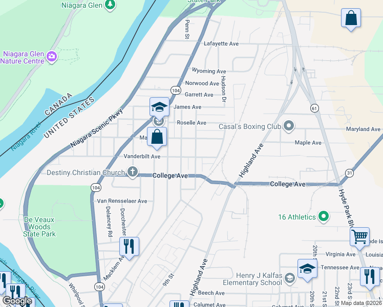 map of restaurants, bars, coffee shops, grocery stores, and more near 1214 Vanderbilt Avenue in Niagara Falls