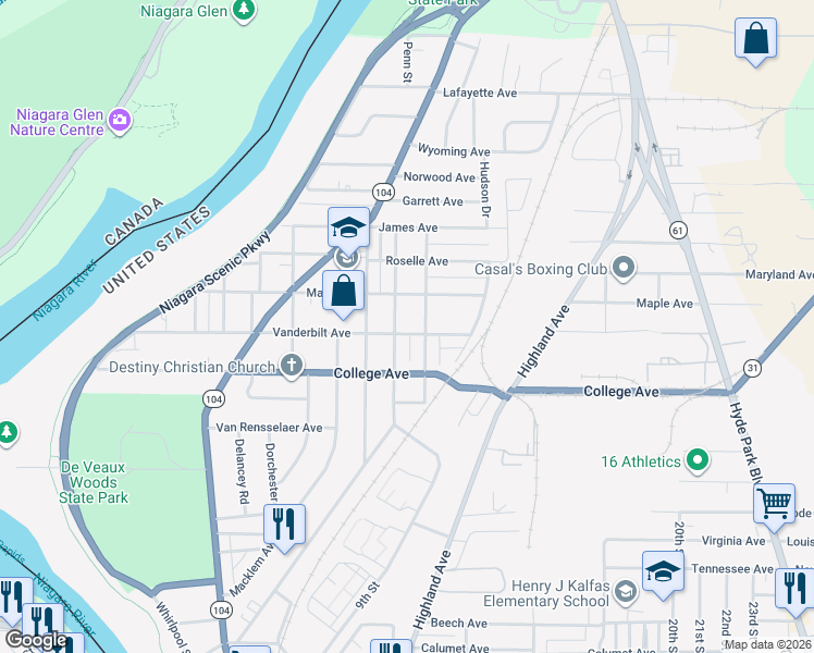 map of restaurants, bars, coffee shops, grocery stores, and more near 1214 Vanderbilt Avenue in Niagara Falls