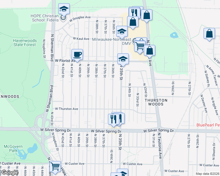map of restaurants, bars, coffee shops, grocery stores, and more near 5824 North 37th Street in Milwaukee