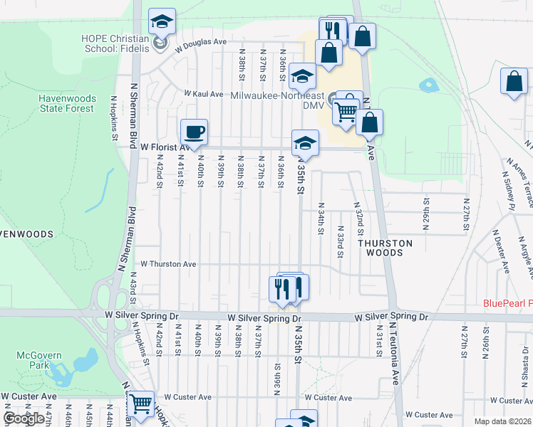 map of restaurants, bars, coffee shops, grocery stores, and more near 5824 North 37th Street in Milwaukee