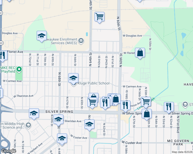 map of restaurants, bars, coffee shops, grocery stores, and more near 5815 North 63rd Street in Milwaukee