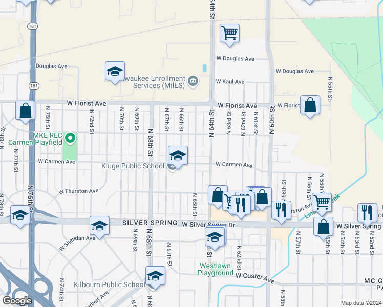 map of restaurants, bars, coffee shops, grocery stores, and more near 6520 West Carmen Avenue in Milwaukee