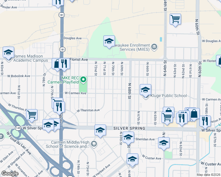map of restaurants, bars, coffee shops, grocery stores, and more near 7016 West Carmen Avenue in Milwaukee