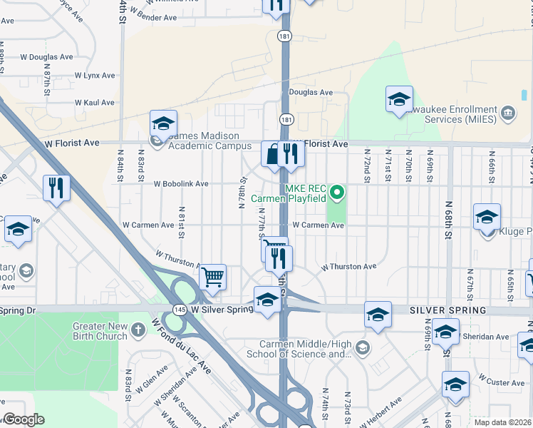 map of restaurants, bars, coffee shops, grocery stores, and more near 5809 North 76th Street in Milwaukee