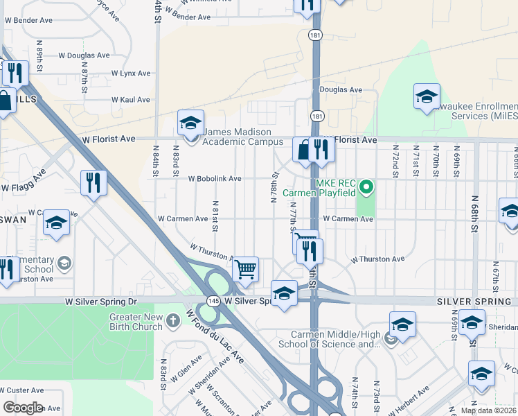 map of restaurants, bars, coffee shops, grocery stores, and more near 5808 North 79th Street in Milwaukee