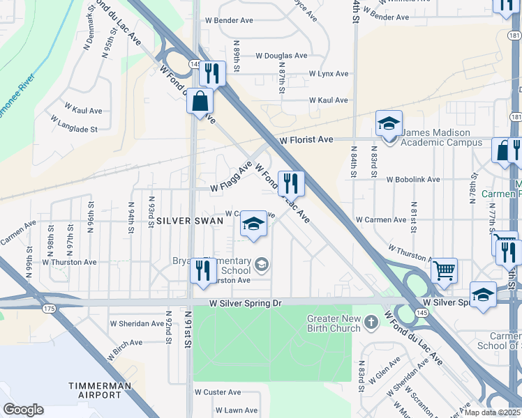 map of restaurants, bars, coffee shops, grocery stores, and more near 8736 West Carmen Avenue in Milwaukee