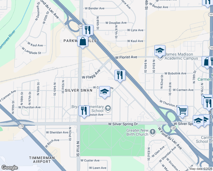 map of restaurants, bars, coffee shops, grocery stores, and more near 8736 West Carmen Avenue in Milwaukee