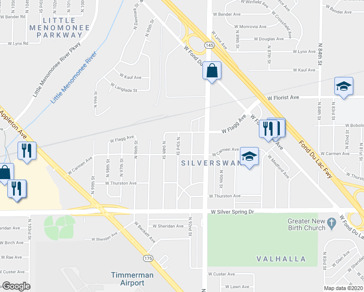 map of restaurants, bars, coffee shops, grocery stores, and more near 5807 North 92nd Street in Milwaukee