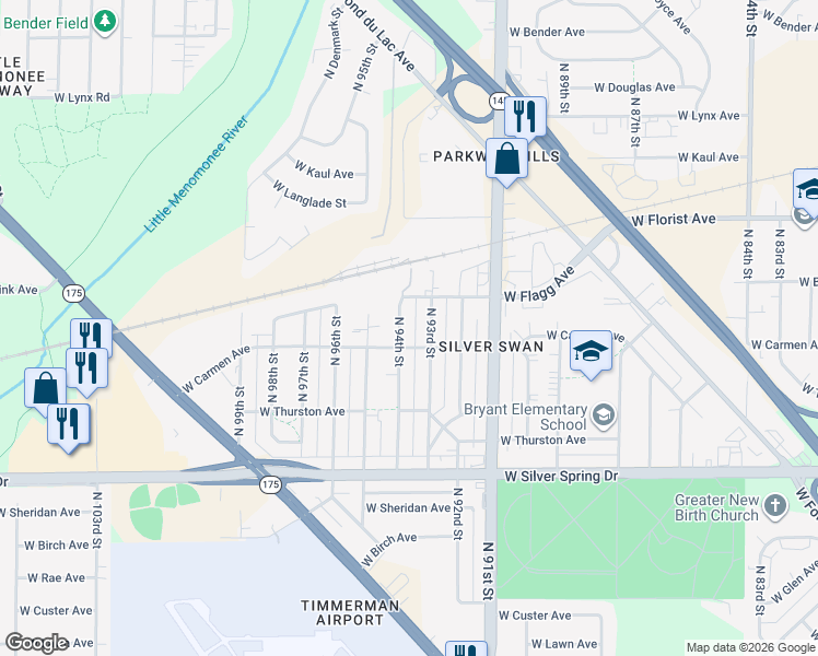 map of restaurants, bars, coffee shops, grocery stores, and more near 5812 North 94th Street in Milwaukee