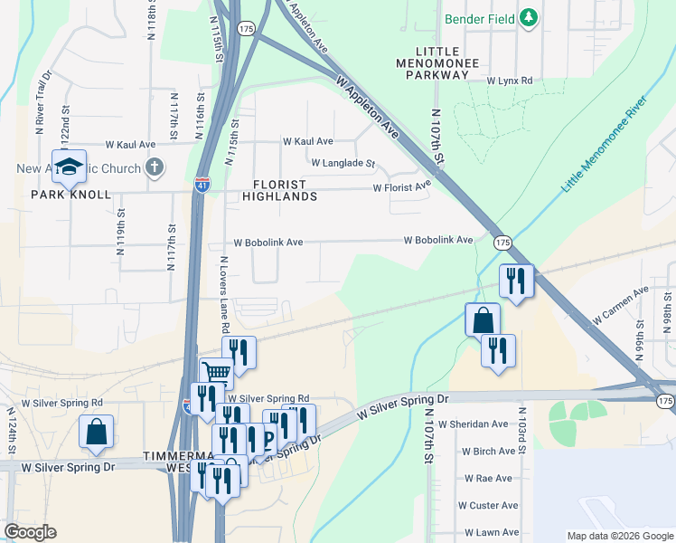 map of restaurants, bars, coffee shops, grocery stores, and more near 11010 West Carmen Avenue in Milwaukee