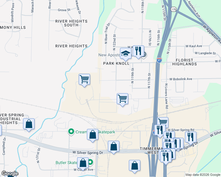 map of restaurants, bars, coffee shops, grocery stores, and more near 5843 North 121st Street in Milwaukee