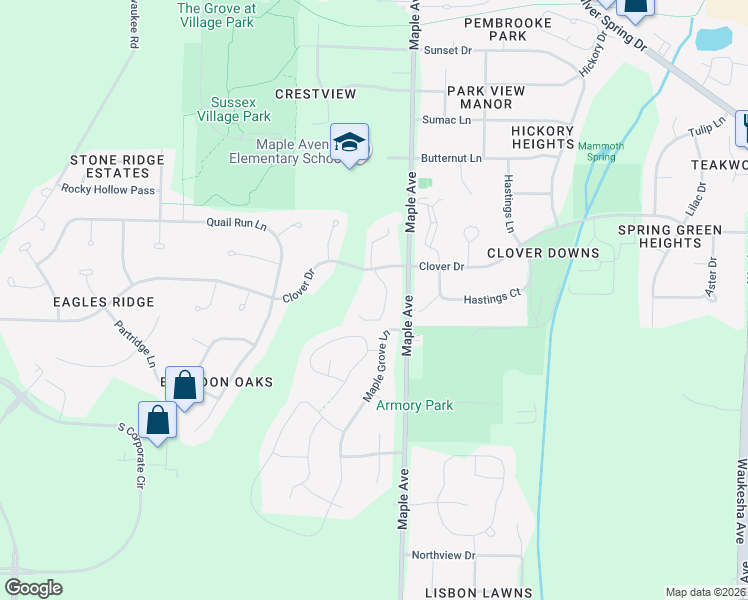 map of restaurants, bars, coffee shops, grocery stores, and more near N58W24011 Clover Drive in Sussex